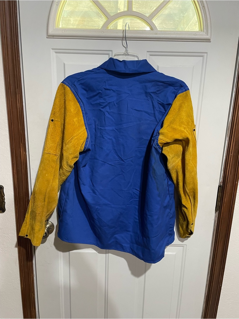 Men's Welding Jacket in Blue with Yellow Leather Sleeve Panels - Picture 2 of 13